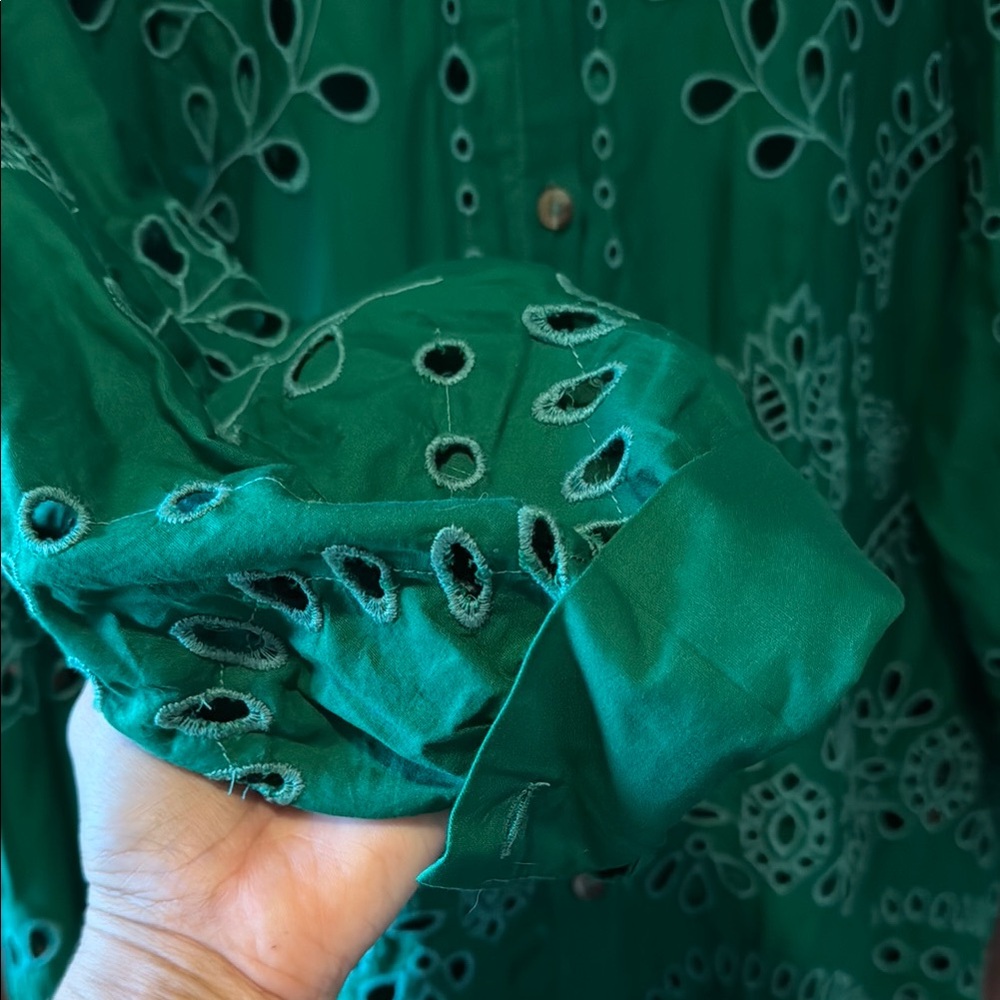 EUC By Anthropologie Green Eyelet Button Down Shirt Mini Dress - Picture 6 of 17